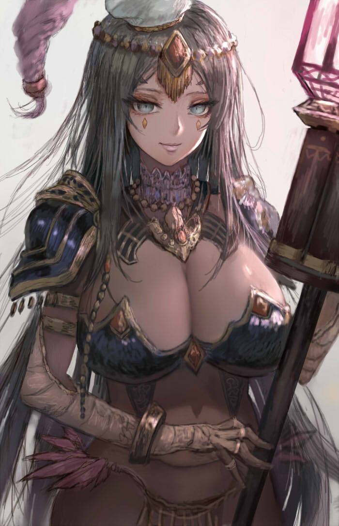 1girl, black_hair, breasts, caster_of_the_nocturnal_castle, dark_skin, fate/grand_order, fate_(series), hisabosi, jewelry, large_breasts, long_hair, looking_at_viewer, scheherazade_(fate/grand_order), simple_background, solo, veil, very_long_hair