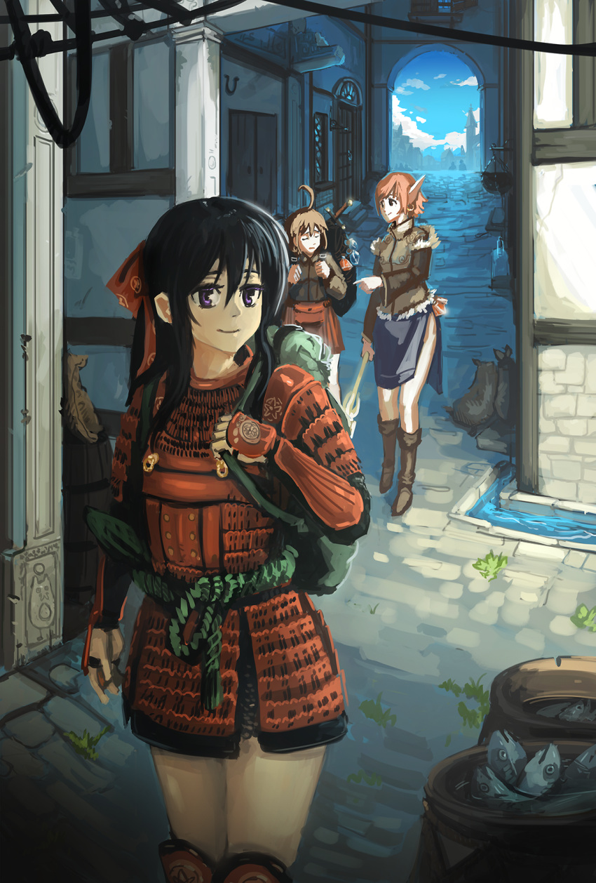 3girls, ahoge, animal_ears, artist_request, black_hair, brown_hair, character_request, copyright_request