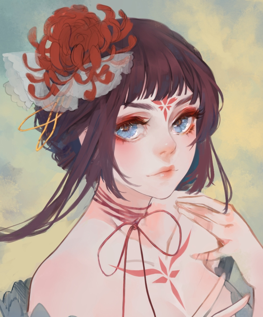 1girl, bangs, bare_shoulders, blue_eyes, blunt_bangs, choker, closed_mouth, eyelashes