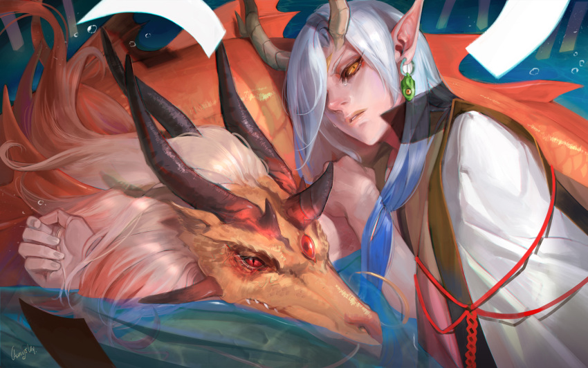 1boy, aerysky, artist_name, character_request, dragon, eastern_dragon, hair_over_one_eye, horns