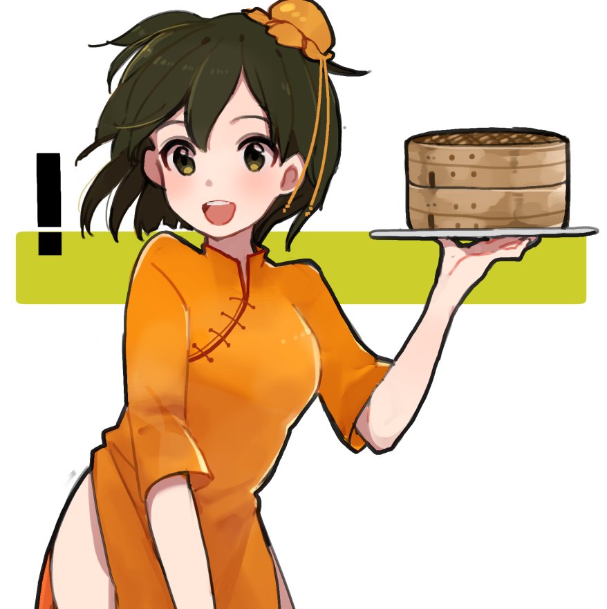 !, 10s, 1girl, :d, alternate_costume, blush, brown_eyes, brown_hair, bun_cover, chinese_clothes, fujisaki_(si_da), hiryuu_(kantai_collection), kantai_collection, open_mouth, plate, short_hair, smile, solo, white_background