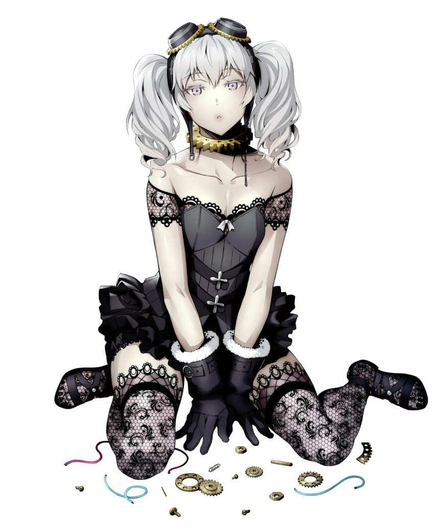 1girl, black_dress, black_gloves, black_legwear, bolt, breasts, cleavage, dress, frilled_skirt, frills, full_body, gears, gloves, goggles, goggles_on_head, gothic_lolita, highres, lace, lace-trimmed_thighhighs, lavender_eyes, lolita_fashion, long_hair, looking_at_viewer, nine_(super_robot_wars), official_art, parted_lips, screw, simple_background, sitting, skirt, small_breasts, solo, super_robot_wars_v, thigh-highs, twintails, wariza, watanabe_wataru, white_background, white_hair, wire