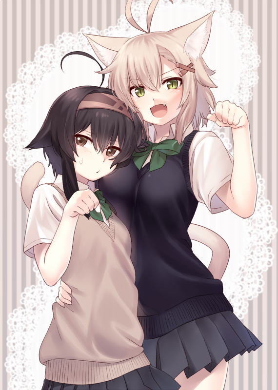 >:3, >:d, 2girls, :3, :d, ahoge, animal_ears, bangs