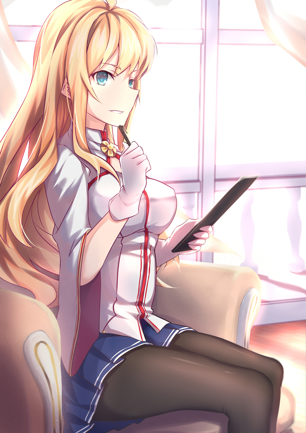 1girl, black_legwear, blonde_hair, blue_eyes, blue_skirt, booklet, couch, cowboy_shot