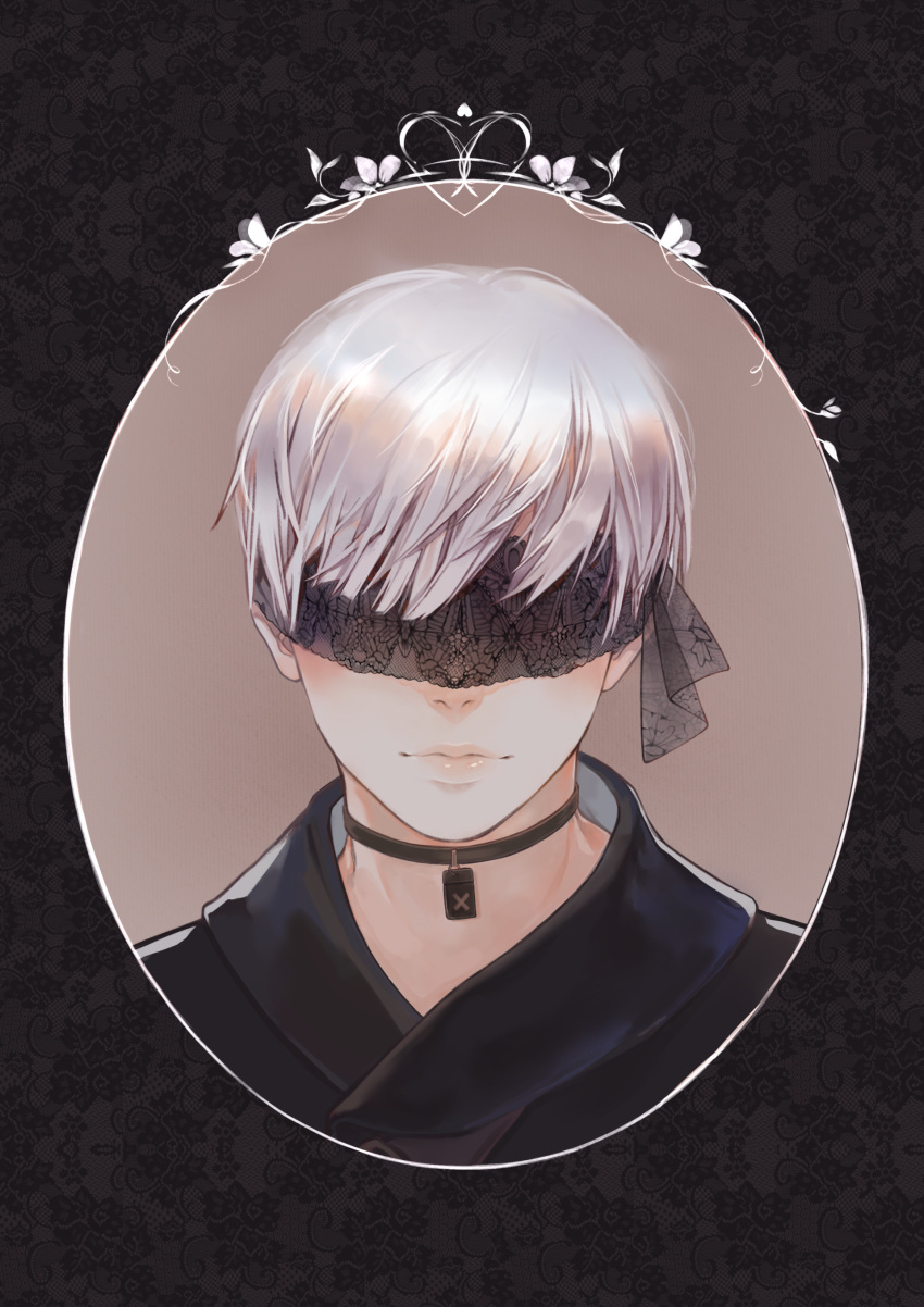 1boy, absurdres, backpack, bag, bangs, black_blindfold, black_choker, black_jacket
