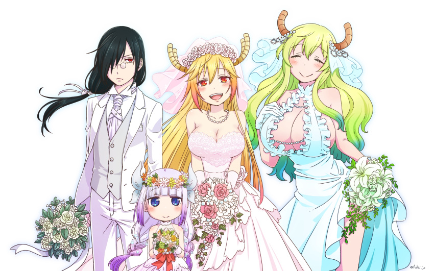 1boy, 3girls, :>, aqua_dress, bangs, bare_shoulders, black_hair, blonde_hair, blue_eyes, blue_hair, blunt_bangs, blush, bouquet, braid, breast_squeeze, breasts, bride, closed_eyes, dragon_girl, dragon_horns, dress, fafnir_(maidragon), fang, flower, formal, frilled_dress, frills, frown, fukai_(yas_lions), glasses, gloves, gradient_hair, green_hair, groom, hair_flower, hair_ornament, hair_ribbon, hand_on_own_chest, highres, horns, jewelry, kanna_kamui, kobayashi-san_chi_no_maidragon, large_breasts, lavender_hair, lily_(flower), long_hair, long_sleeves, looking_at_viewer, low_twintails, multicolored_hair, multiple_girls, necklace, necktie, open_mouth, pearl_necklace, pince-nez, pink_dress, quetzalcoatl_(maidragon), red_eyes, ribbon, rose, signature, simple_background, slit_pupils, smile, suit, tooru_(maidragon), twin_braids, twintails, veil, vest, wallpaper, wedding_dress, white_background, white_necktie, white_ribbon, white_suit, white_vest