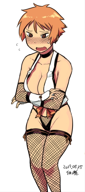 1girl, armor, blush, breasts, brown_eyes, brown_hair, choker, cleavage