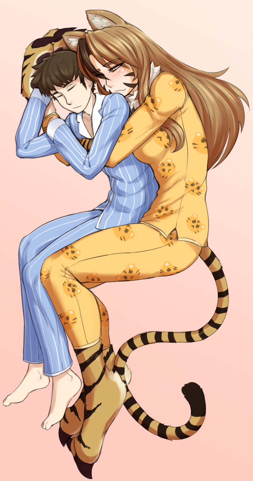 1boy, 1girl, absurdres, animal_ears, bangs, black_hair, blush, breasts
