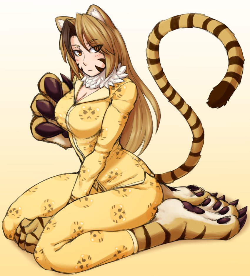 1girl, animal_ears, bangs, black_hair, blush, breasts, brown_hair, claws