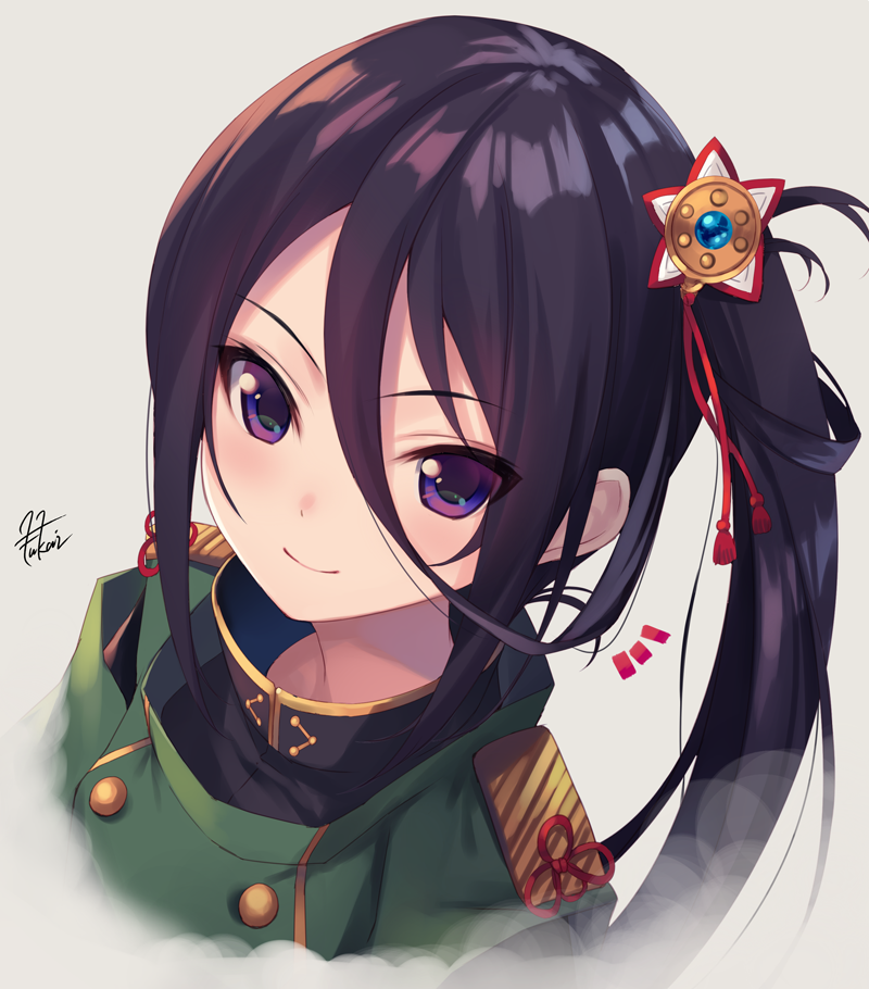 1girl, double-breasted, epaulettes, face, fukai_ryousuke, grey_background, hair_between_eyes, hair_ornament, high_collar, long_hair, looking_at_viewer, portrait, purple_hair, shichiseiken_(tenka_hyakken), side_ponytail, signature, smile, solo, tenka_hyakken, violet_eyes
