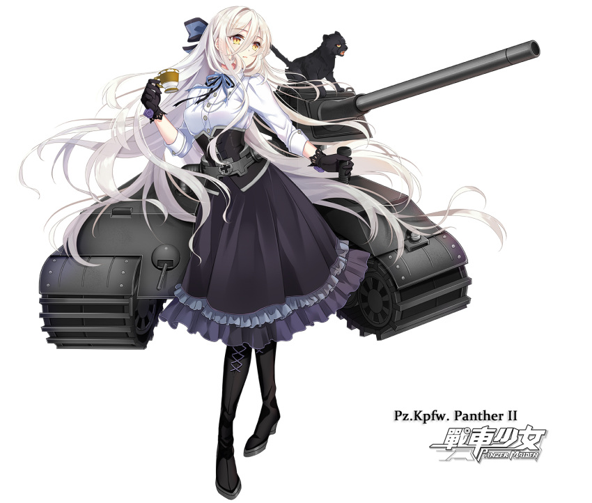 1girl, artist_request, boots, bow, character_request, frills, hair_bow, highres, long_hair, panzer_maiden, solo, standing, tachi-e, very_long_hair, white_hair, yellow_eyes