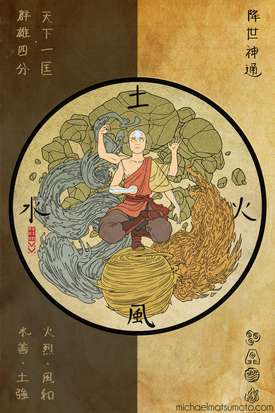 1boy, aang, asymmetrical_clothes, avatar:_the_last_airbender, avatar_legends, bald, fire, glowing