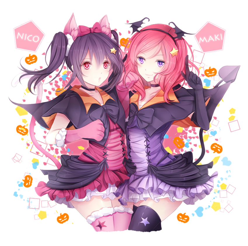 2girls, animal_ears, black_bow, black_bowtie, black_gloves, black_hairband, black_legwear, bow, bowtie, capelet, cat_ears, cat_tail, character_name, choker, collarbone, cowboy_shot, demon_tail, dress, eyebrows_visible_through_hair, fingerless_gloves, gloves, hair_bow, hair_ornament, hairband, index_finger_raised, layered_dress, long_hair, looking_at_viewer, love_live!, love_live!_school_idol_project, multiple_girls, nishikino_maki, pink_legwear, purple_dress, pyarung, red_bow, red_dress, red_eyes, redhead, short_dress, simple_background, smile, standing, star, star_hair_ornament, star_print, tail, thigh-highs, twintails, violet_eyes, white_background, yazawa_nico