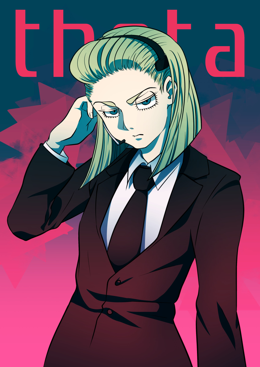 1girl, absurdres, blonde_hair, blue_eyes, character_name, formal, highres, hunter_x_hunter, short_hair, solo, suit, theta_(hunter_x_hunter), tie