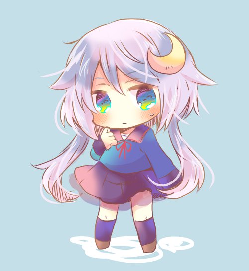 10s, 1girl, black_sailor_collar, black_serafuku, black_skirt, blouse, blue_background, blue_blouse, blue_eyes, chibi, crescent, crescent_hair_ornament, full_body, hair_ornament, kantai_collection, kouu_hiyoyo, pleated_skirt, purple_hair, school_uniform, serafuku, short_hair, short_hair_with_long_locks, simple_background, skirt, solo, standing, yayoi_(kantai_collection)