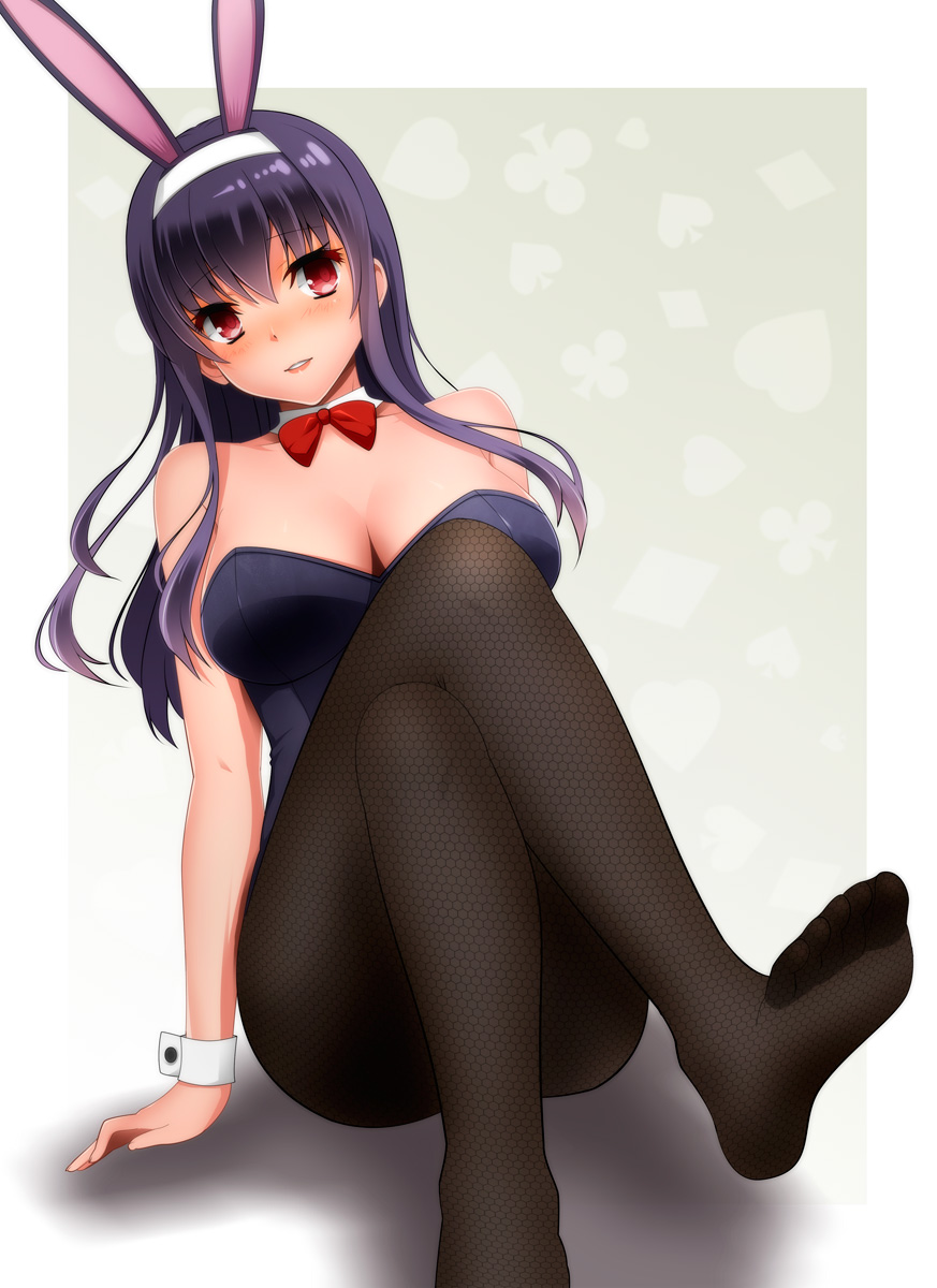 1girl, animal_ears, black_legwear, black_leotard, bow, bowtie, bunny_tail, bunnysuit, detached_collar, fishnet_pantyhose, fishnets, highres, kasumigaoka_utaha, kiko_(okuwae), legs_crossed, leotard, pantyhose, purple_hair, rabbit_ears, red_bow, red_bowtie, red_eyes, saenai_heroine_no_sodatekata, solo, strapless, strapless_leotard, tail, wrist_cuffs