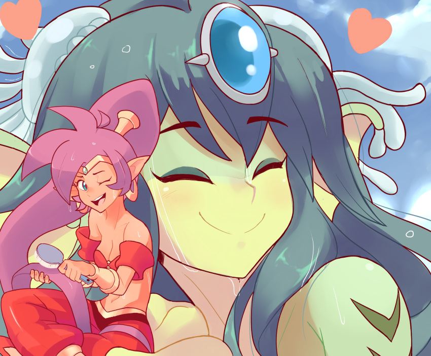 2girls, bare_shoulders, blue_eyes, breasts, circlet, cleavage, closed_eyes, closed_mouth