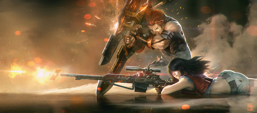 1boy, 1girl, absurdres, ag+_(atelieriji), black_hair, carna, dark_skin, denim, denim_shorts, gun, highres, long_hair, midriff, muscle, realistic, redhead, rein_(xenoblade), rifle, shorts, sleeveless, vest, weapon, xenoblade