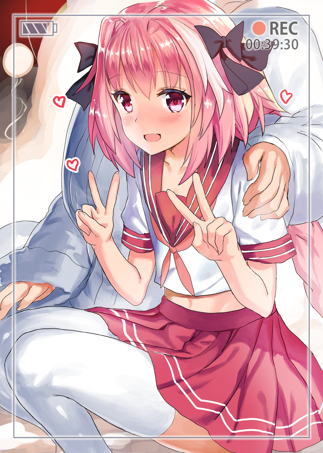 2boys, :d, black_bow, blush, bow, braid, crossdressinging, double_v