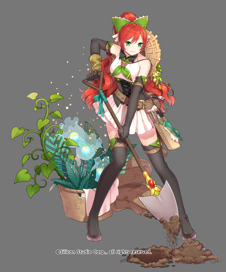 1girl, bare_shoulders, belt, boots, bow, company_name, flower, full_body