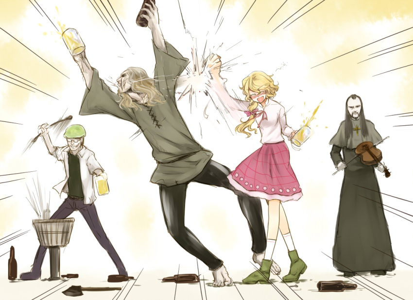 1girl, 3boys, alcohol, axe, beer, beer_bottle, beer_mug, beerko, blonde_hair, boots, bottle, cassock, cross, dra, drunk, footwear, glasses, hair_ribbon, hat, instrument, korpiklaani, lace, long_hair, multiple_boys, original, parody, priest_clothes, punching, ribbon, short_hair, skirt, socks, violin, weapon, zun