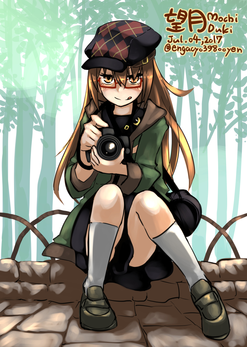 1girl, :q, argyle, bag, brown_eyes, brown_hair, cabbie_hat, camera