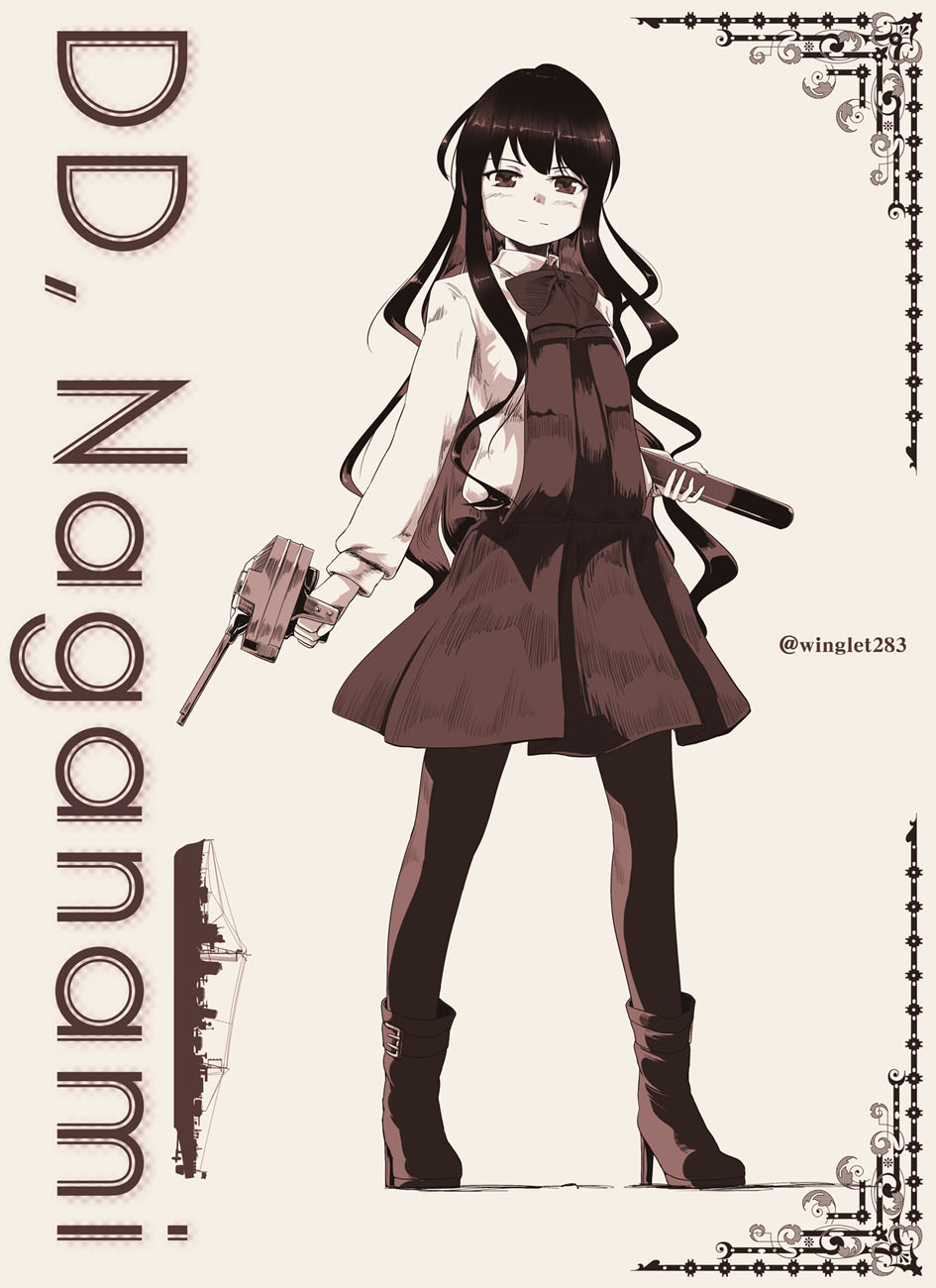 1girl, black_hair, boots, border, commentary, full_body, grey_background, high_heel_boots, high_heels, highres, holding, holding_torpedo, holding_turret, kantai_collection, light_smile, long_hair, monochrome, multicolored_hair, naganami_(destroyer), naganami_(kantai_collection), pantyhose, silhouette, simple_background, skirt, solo, torpedo, tsubasa_(abchipika), twitter_username, two-tone_hair, very_long_hair, vest, wavy_hair