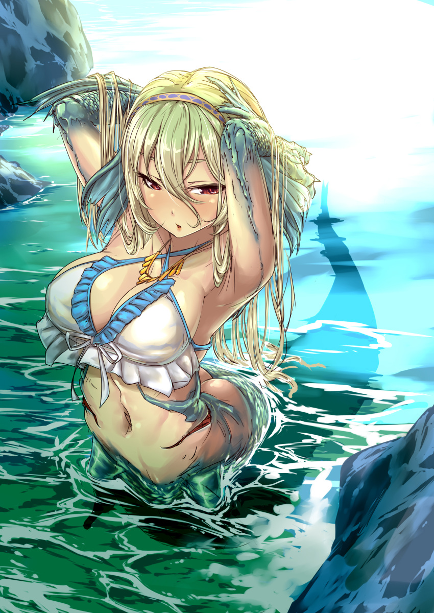 1girl, absurdres, armpits, arms_behind_head, arms_up, blonde_hair, blush, breasts