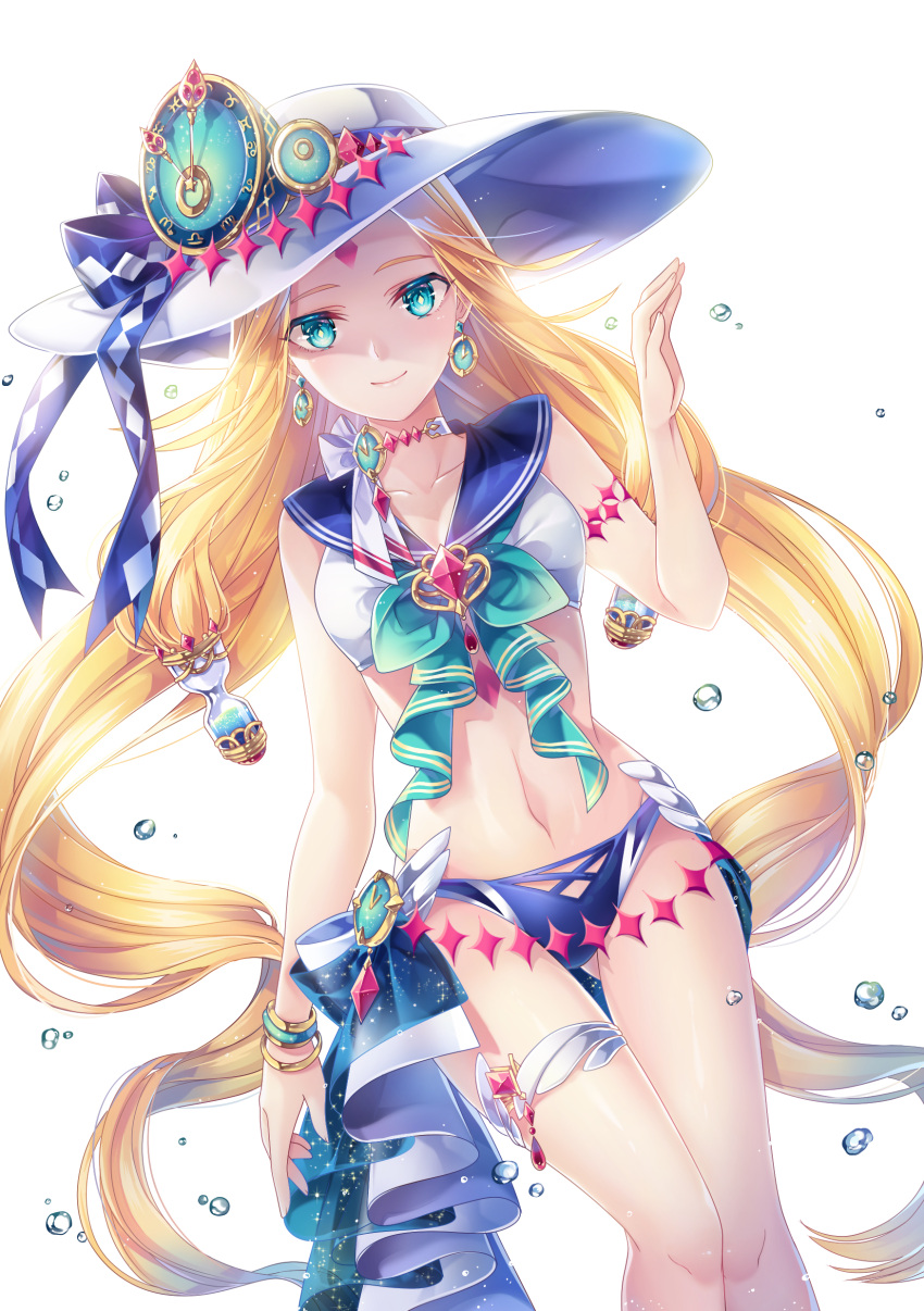 1girl, absurdres, bikini, blonde_hair, blue_eyes, bracelet, choker, clock