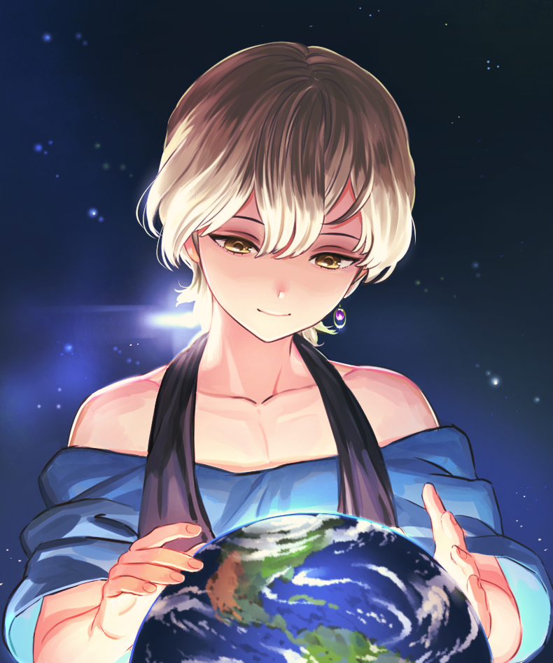 1boy, bangs, bare_shoulders, blonde_hair, blue_shirt, closed_mouth, collarbone, earth