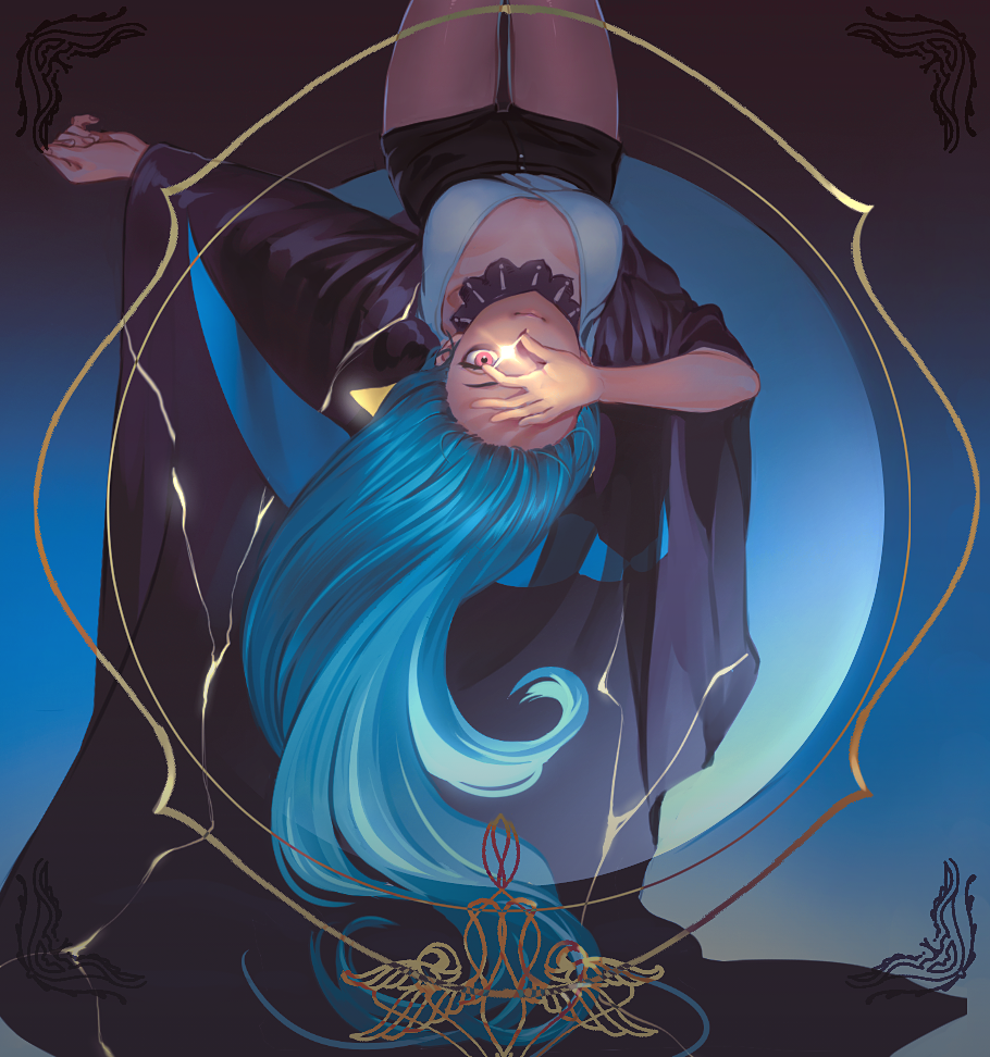 1girl, blue_hair, blush, breasts, cleavage, hand_over_eye, hoodp, large_breasts, long_hair, looking_at_viewer, original, pink_eyes, solo, upside-down