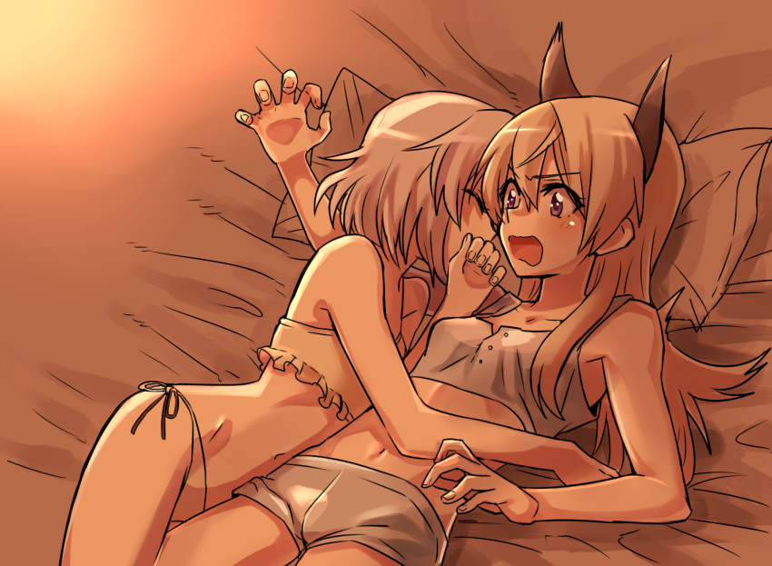 147, 2girls, animal_ears, blonde_hair, blush, breasts, closed_eyes, dog_ears, eila_ilmatar_juutilainen, groin, hug, lying, midriff, multiple_girls, navel, on_back, on_side, open_mouth, panties, sanya_v_litvyak, side-tie_panties, silver_hair, sleeping, small_breasts, strike_witches, underwear, violet_eyes, wavy_mouth, world_witches_series, yuri
