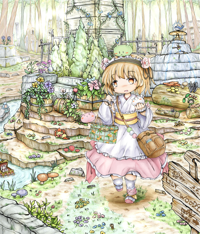 3girls, animal, animal_on_head, apricot_(flower_knight_girl), apricot_blossom, bag, blonde_hair, blush_stickers, bottle, cat, dress, fairy, flower, flower_knight_girl, forest, fountain, grass, hair_flower, hair_ornament, hairband, handbag, highres, layered_dress, lion, log, lolita_hairband, looking_at_viewer, multiple_girls, mushroom, nature, obi, on_head, open_mouth, outdoors, over-kneehighs, plant, potted_plant, rabbit, sash, satchel, short_hair, sign, standing, standing_on_one_leg, stream, thigh-highs, vines, whale, white_legwear, yellow_eyes, ys_(ytoskyoku-57)