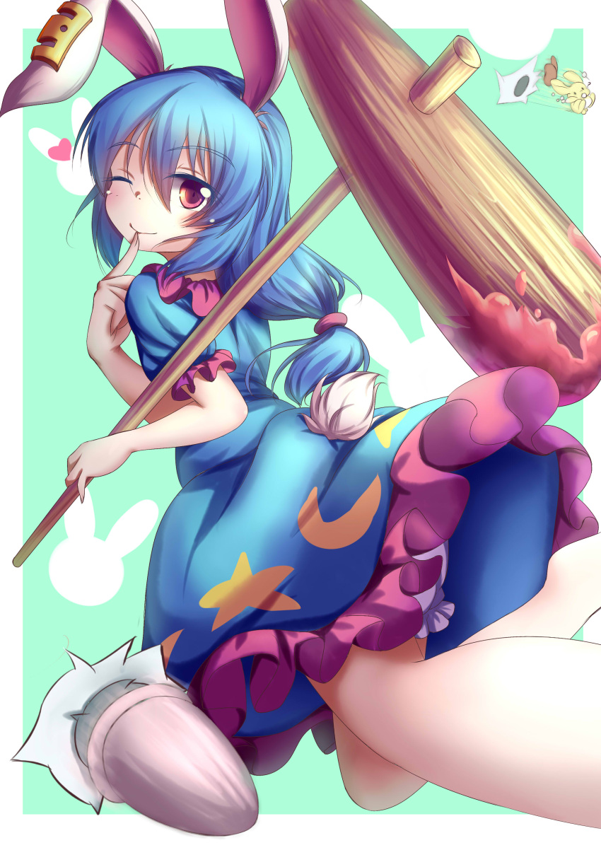 1girl, ?, absurdres, animal_ears, aqua_background, blue_dress, blue_hair, bullet