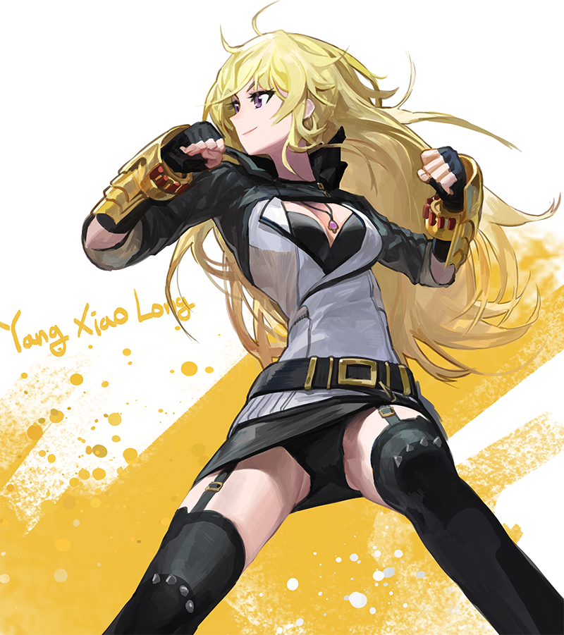 1girl, ahoge, belt, black_legwear, black_panties, blonde_hair, breasts, character_name