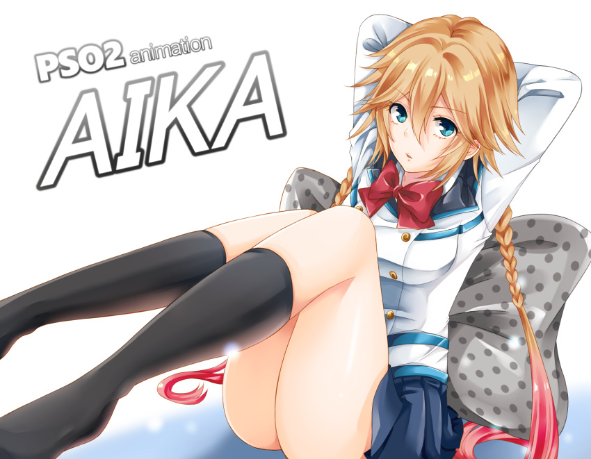 1girl, arms_behind_head, black_legwear, blue_eyes, blue_skirt, blush, bow, brown_hair