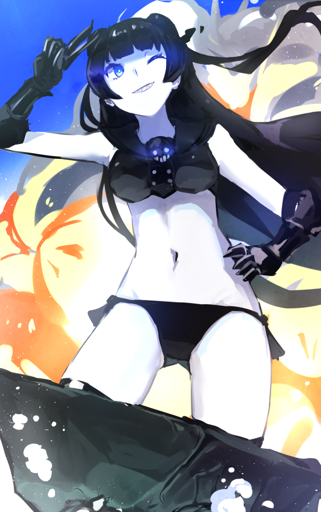 1girl, adapted_costume, black_hair, black_sailor_collar, blue_eyes, double_bun, gauntlets, grin