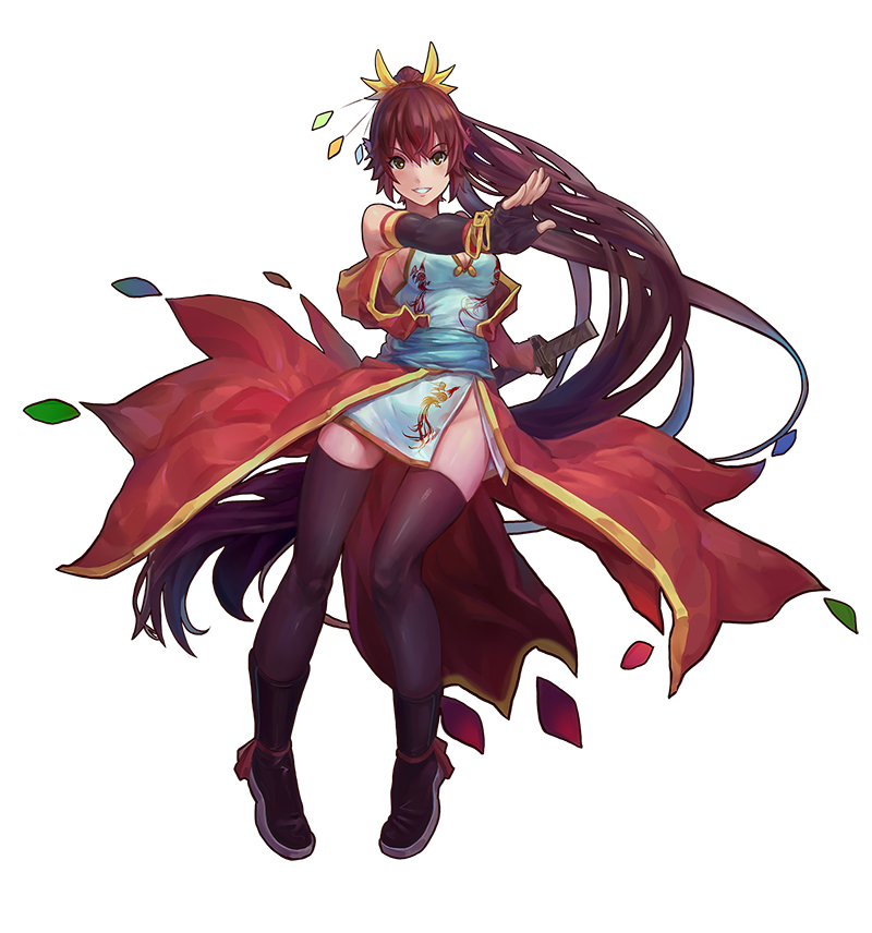 1girl, black_legwear, blush, breasts, brown_eyes, brown_hair, cleavage, eyebrows_visible_through_hair, fang_xue_jun, holding, holding_sword, holding_weapon, large_breasts, long_hair, looking_at_viewer, original, parted_lips, ponytail, sheath, sheathed, smile, solo, sword, teeth, thigh-highs, weapon