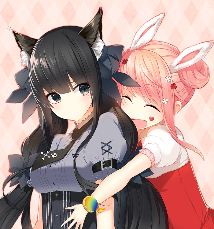 2girls, animal_ears, black_bow, black_eyes, black_hair, black_necktie, blush, bow