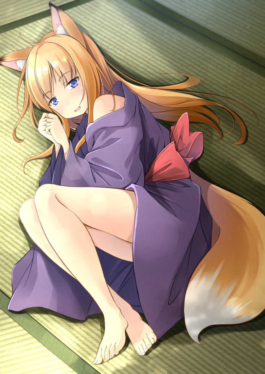 1girl, animal_ears, bangs, bare_legs, barefoot, blonde_hair, blue_eyes, blush