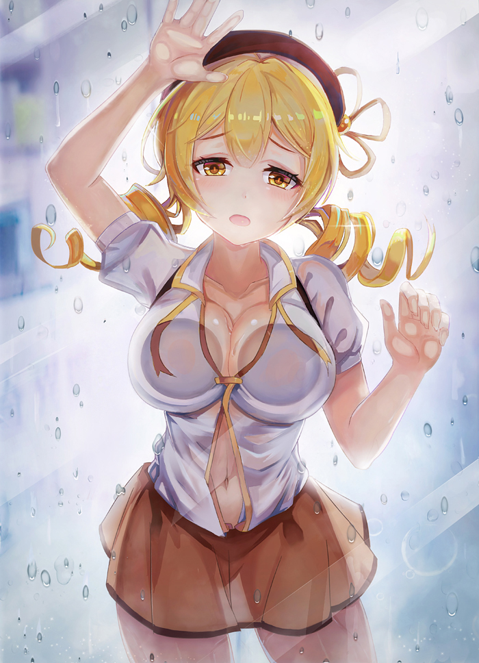 1girl, :o, against_glass, beret, blonde_hair, blurry, breast_press, breasts