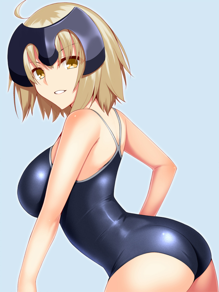 1girl, ahoge, ass, blue_background, breasts, competition_school_swimsuit, contrapposto, cowboy_shot