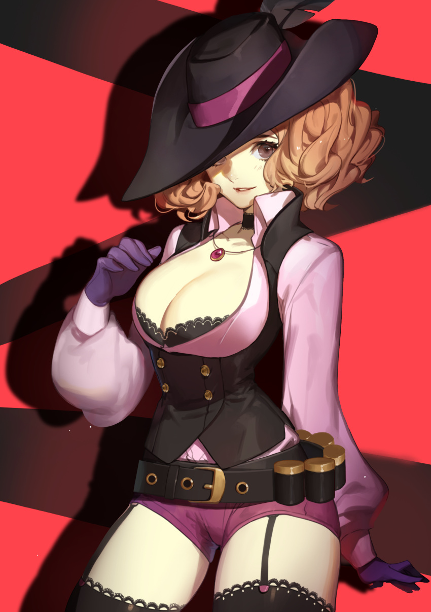 1girl, absurdres, belt, blush, breasts, brown_eyes, brown_hair, cleavage