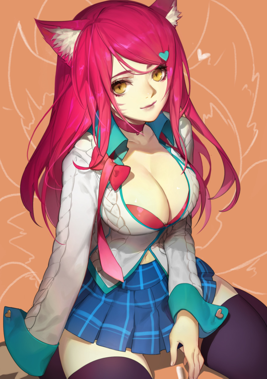 1girl, absurdres, academy_ahri, ahri, animal_ears, bangs, belly_peek, black_legwear