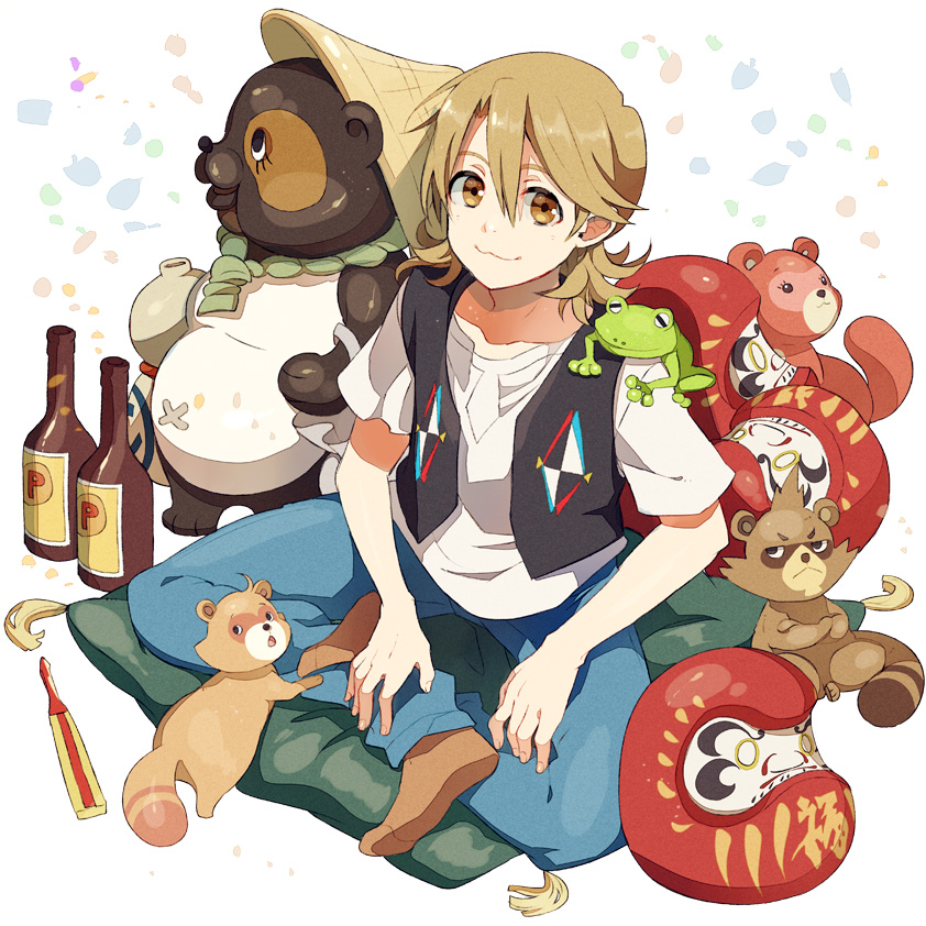 1boy, :3, animal, animal_on_shoulder, bottle, brown_eyes, brown_hair, daruma_doll