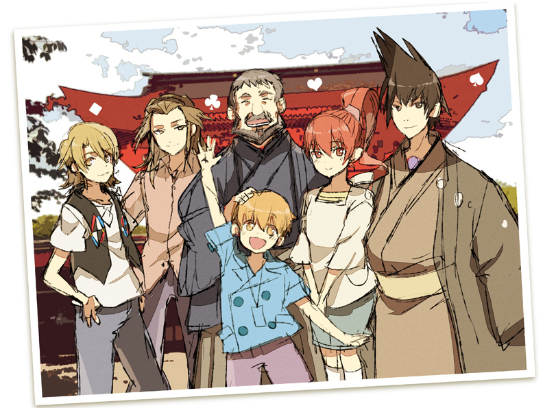 1girl, 5boys, :d, brown_eyes, brown_hair, closed_eyes, clubs_(playing_card), diamond_(symbol), family, grey_hair, heart, houhou_(black_lack), japanese_clothes, mother_(uchouten_kazoku), multiple_boys, open_mouth, photo_(object), ponytail, redhead, shimogamo_souichirou, shimogamo_yaichirou, shimogamo_yajirou, shimogamo_yasaburou, shimogamo_yashirou, sketch, smile, spades_(playing_card), uchouten_kazoku