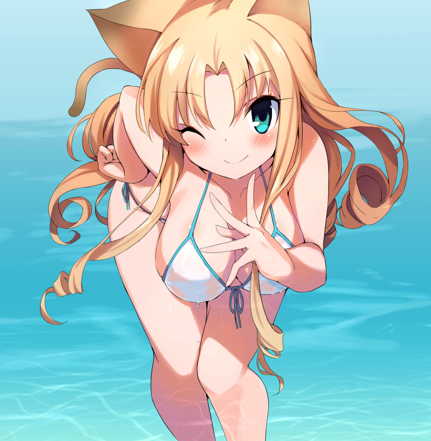 1girl, ;), absurdres, animal_ears, aqua_eyes, armadillon, bent_over, bikini