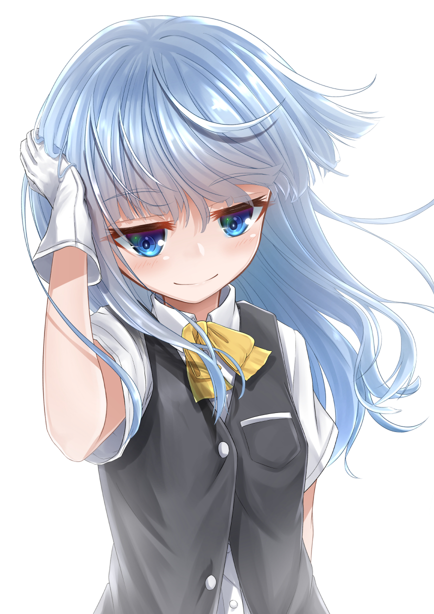 1girl, adjusting_hair, blue_eyes, bow, bowtie, gloves, hand_on_own_head, hatsukaze_(kantai_collection)