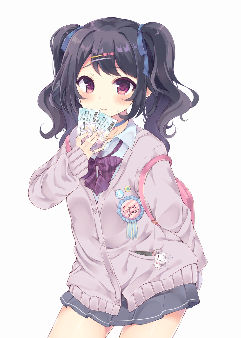 1girl, arm_behind_back, backpack, badge, bag, bangs, black_hair, blue_ribbon
