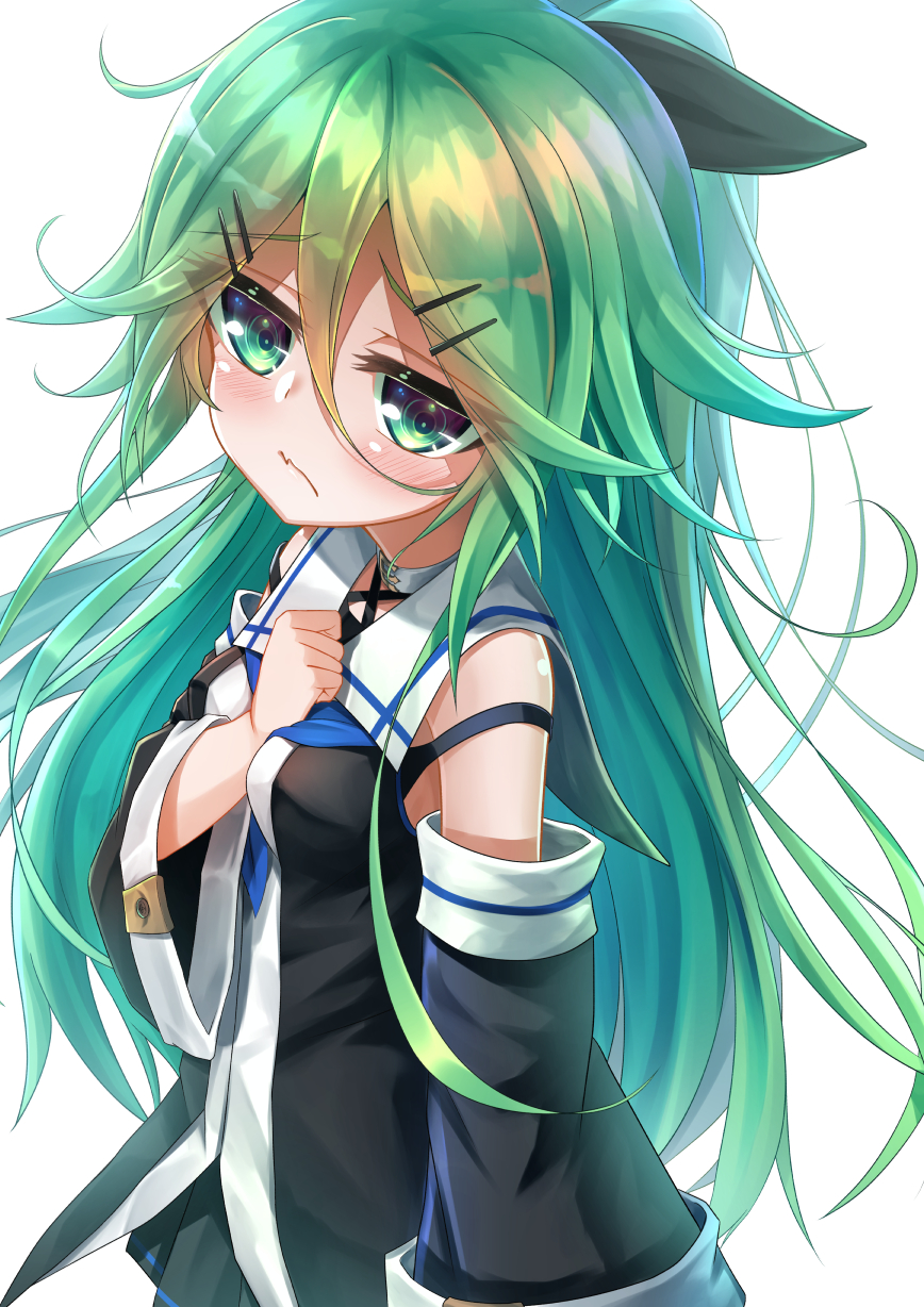 1girl, :/, black_serafuku, choker, detached_sleeves, green_eyes, green_hair, hair_ornament